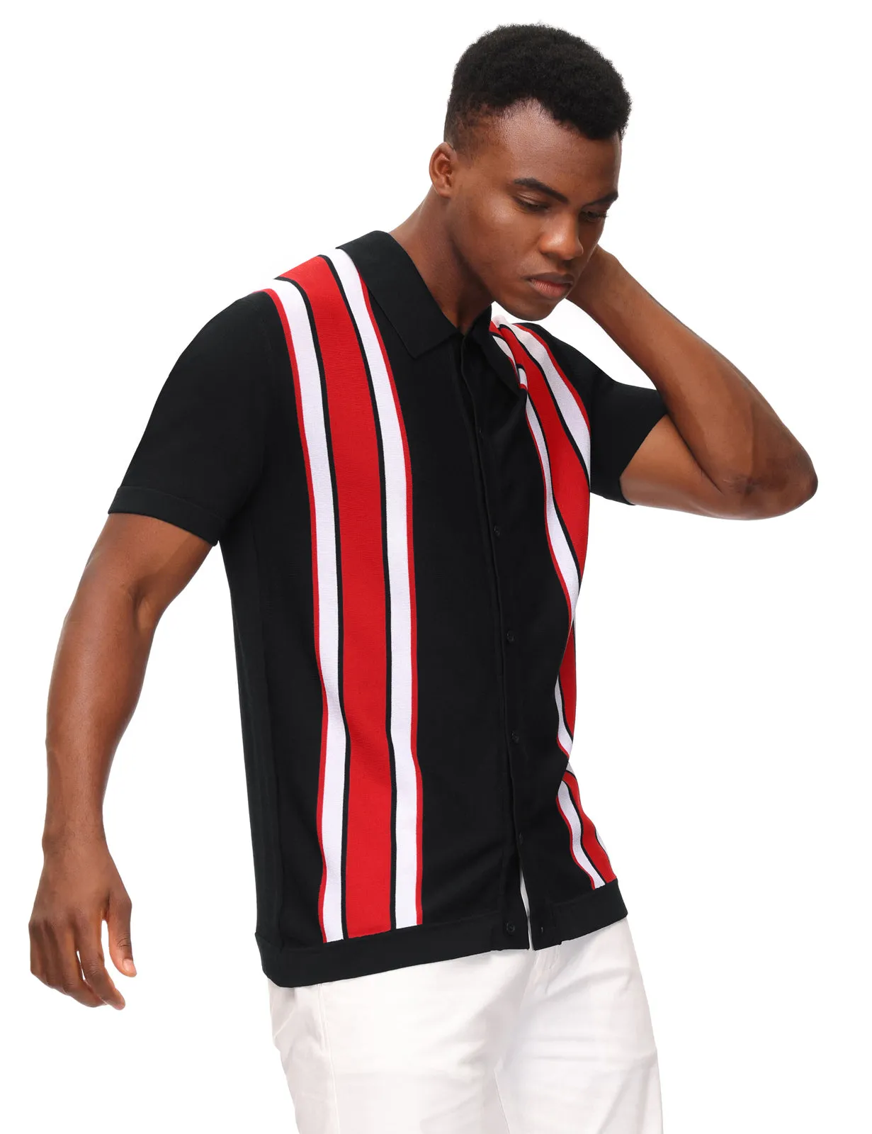 Mens Polo Shirts Vintage Striped Lightweight Knitting Golf Cardigans Shirts