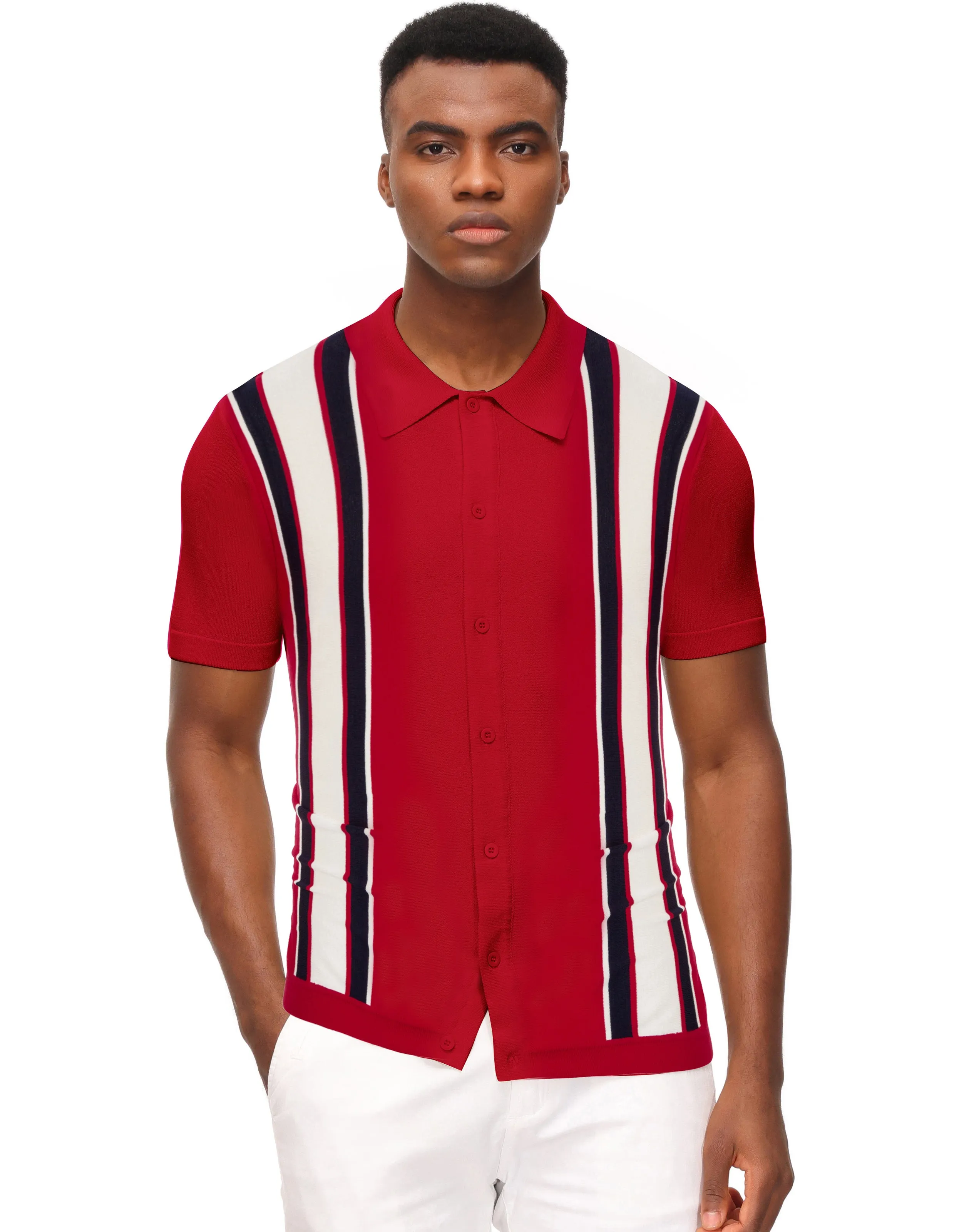 Mens Polo Shirts Vintage Striped Lightweight Knitting Golf Cardigans Shirts