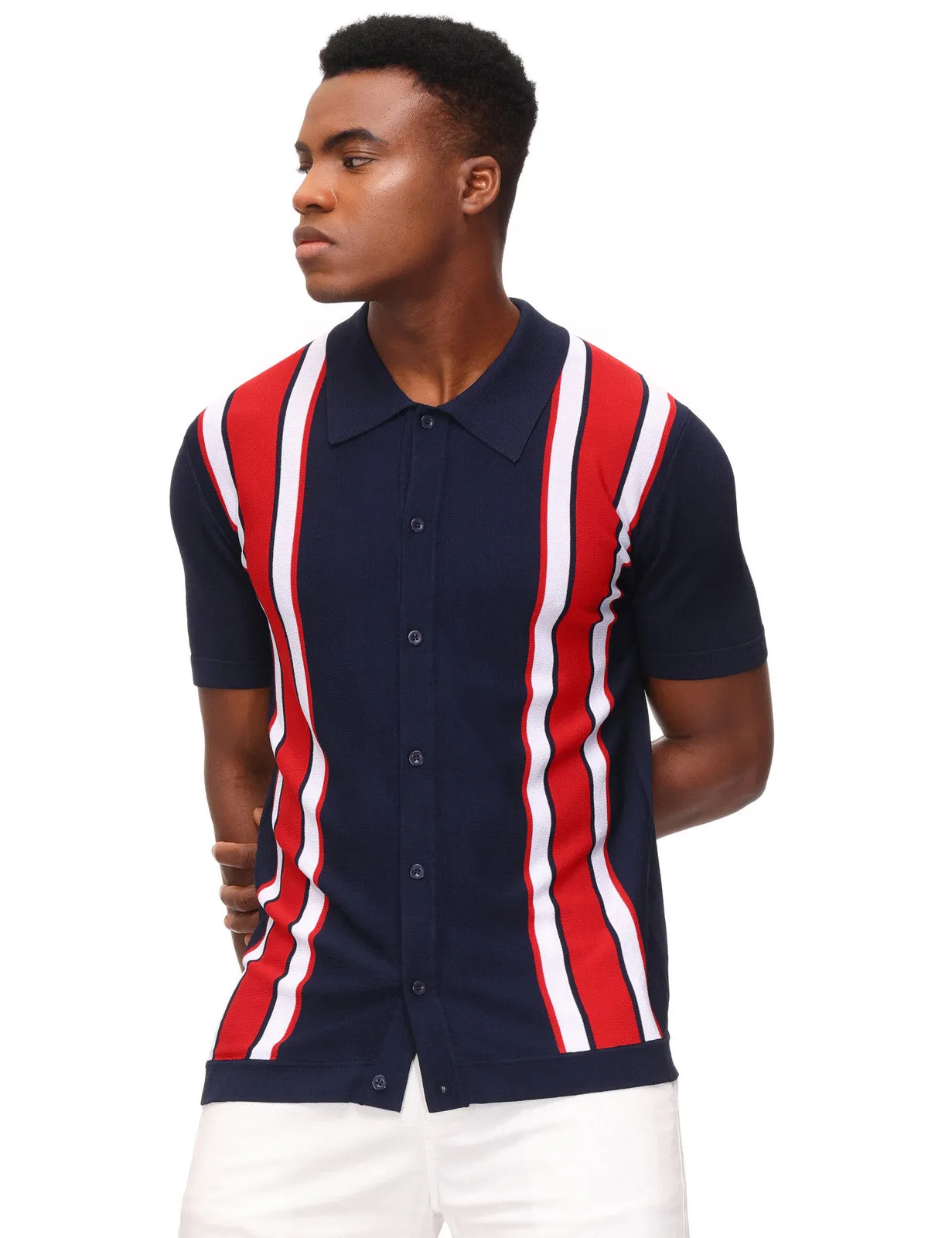 Mens Polo Shirts Vintage Striped Lightweight Knitting Golf Cardigans Shirts