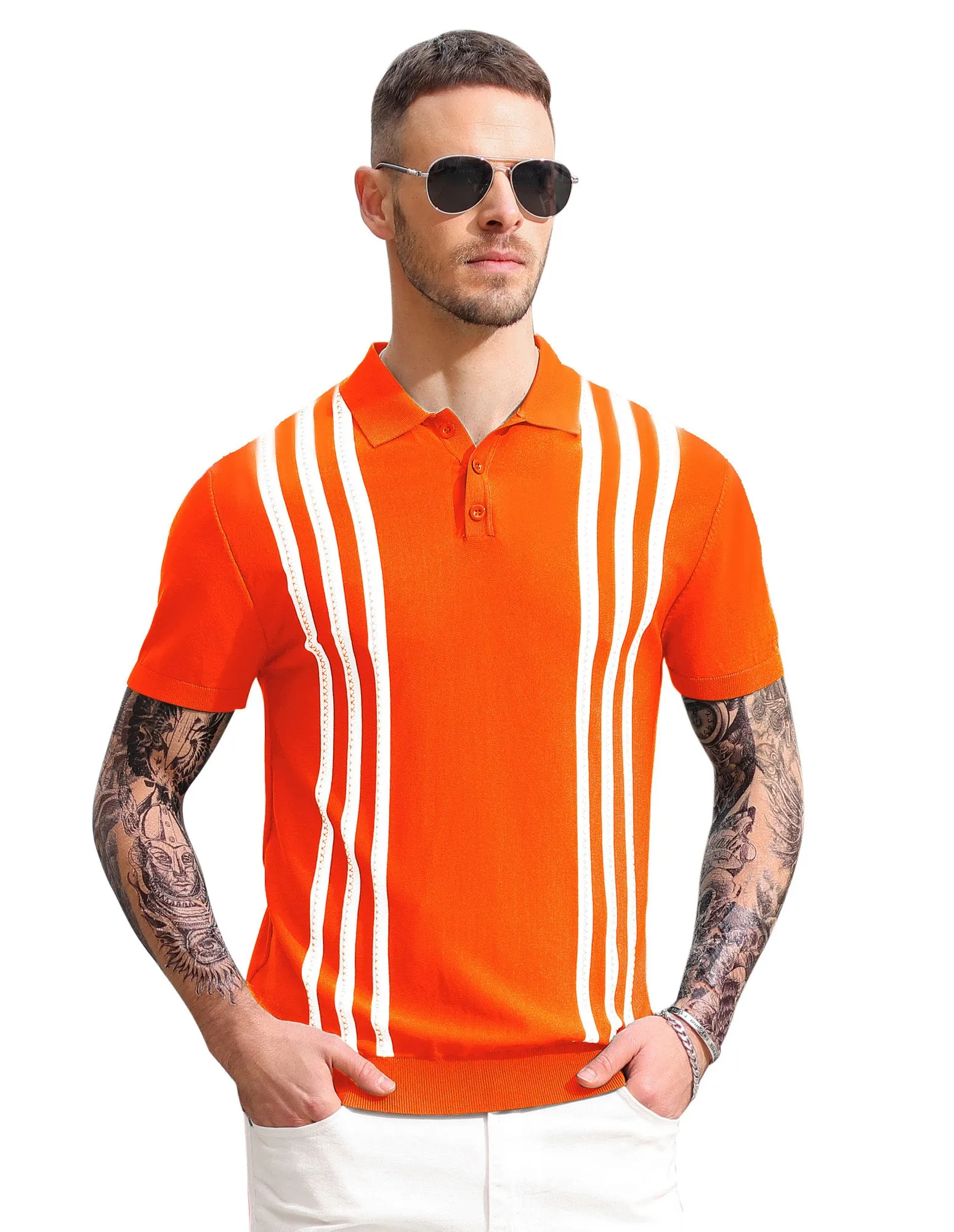 Men's Vintage Stripe Knitted Polo Shirts Short Sleeve Pullover Golf Knit Mens Polo Shirt