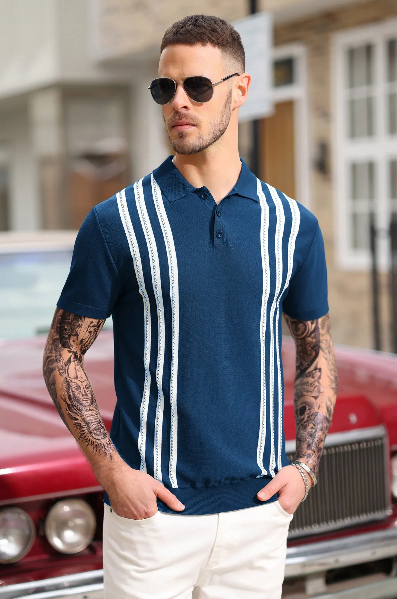 Men's Vintage Stripe Knitted Polo Shirts Short Sleeve Pullover Golf Knit Mens Polo Shirt