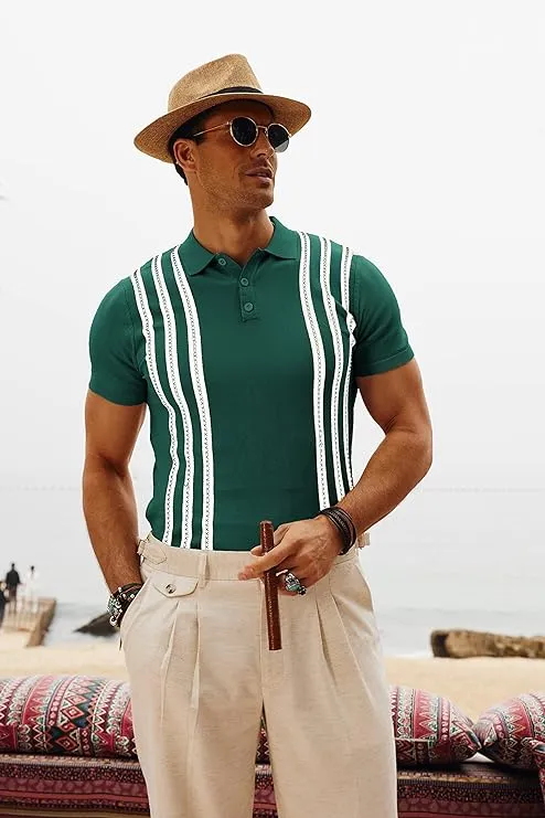 Men's Vintage Stripe Knitted Polo Shirts Short Sleeve Pullover Golf Knit Mens Polo Shirt