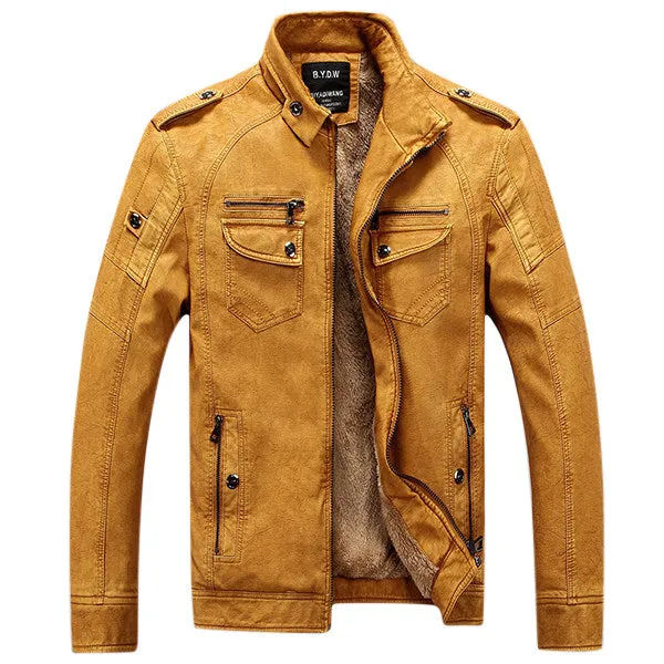 Mens Winter Velvet Plus Thick Warm Stylish Motor Yellow Faux Washed Leather Jackets