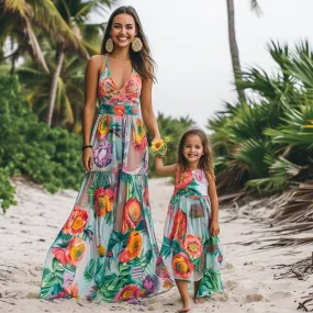 Mom and Daughter Twinning in Beach Flower Print Maxi Dresses