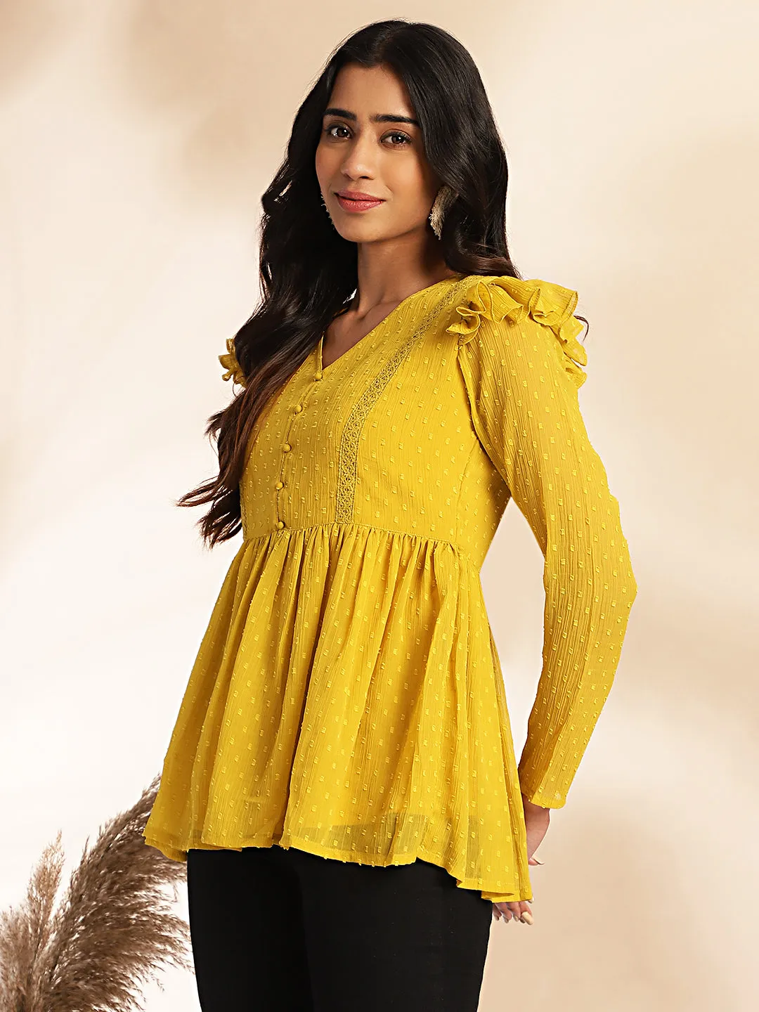 Mustard Dobby Chiffon Peplum Top