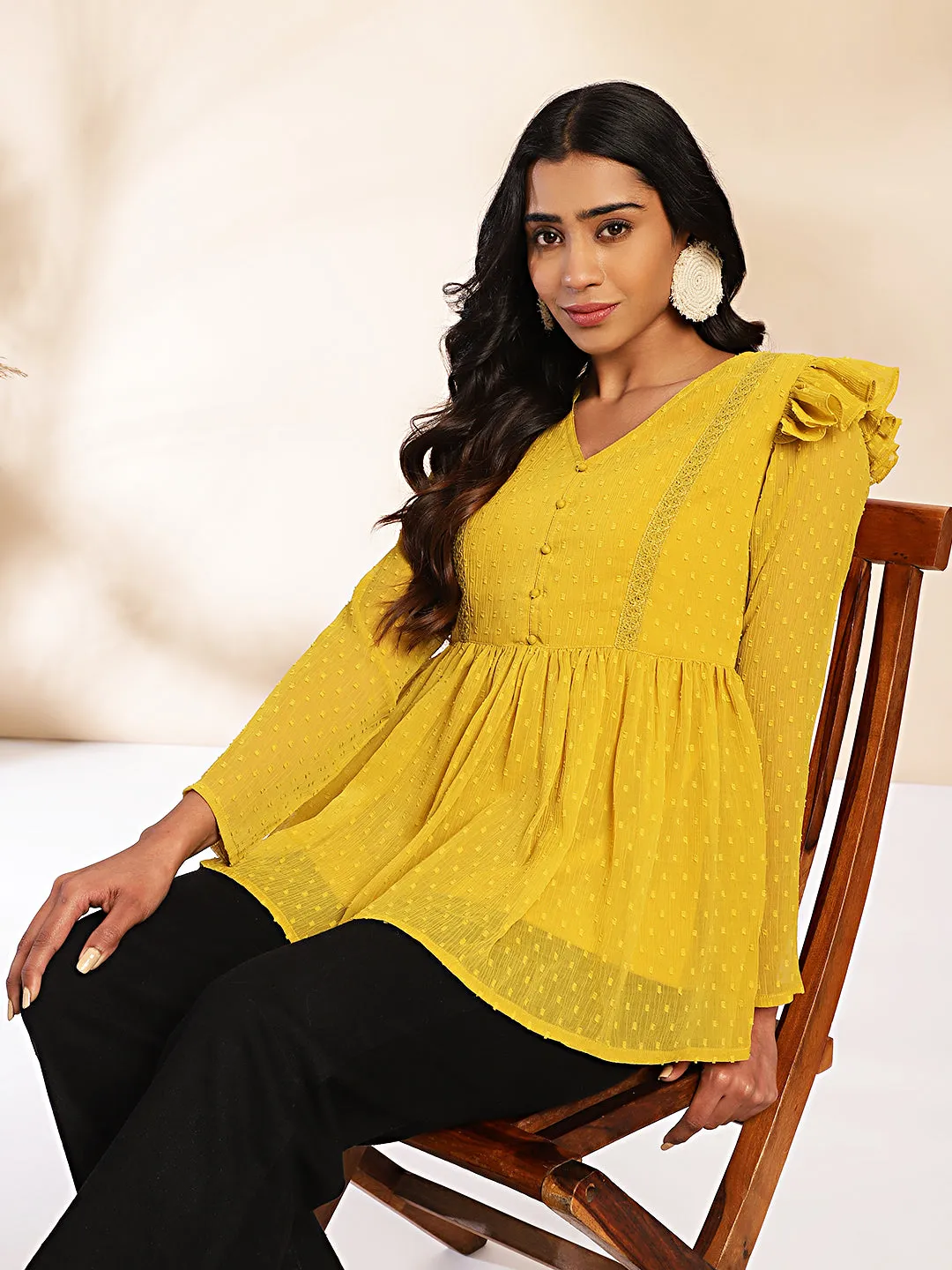 Mustard Dobby Chiffon Peplum Top