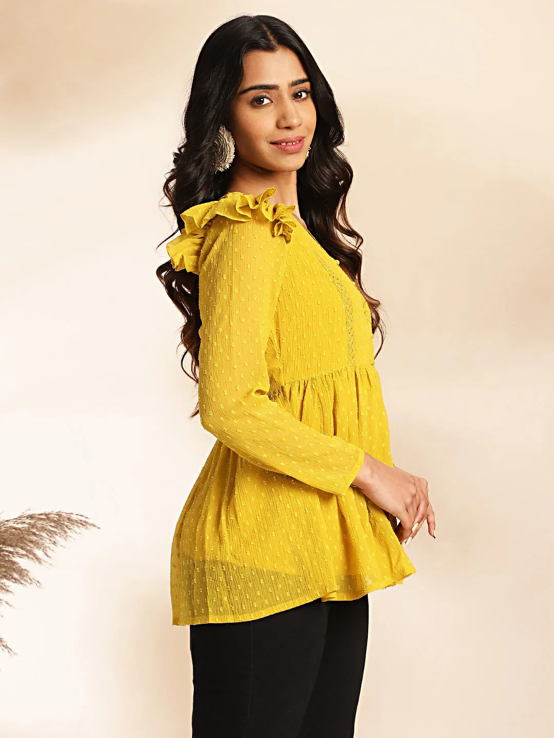 Mustard Dobby Chiffon Peplum Top