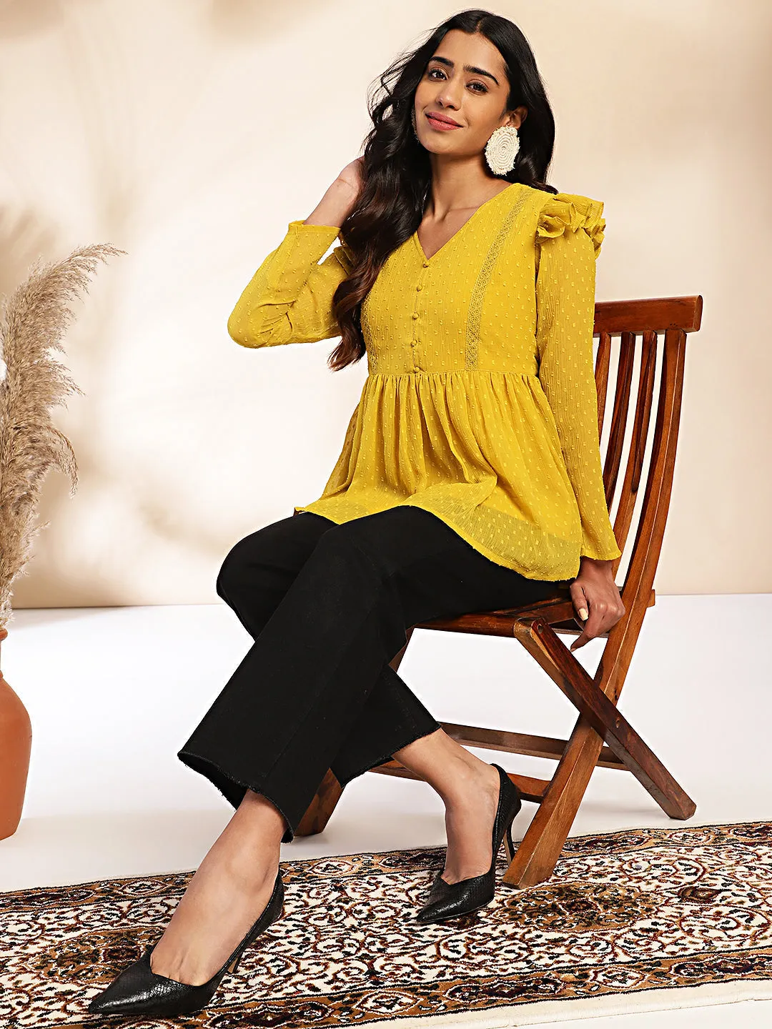 Mustard Dobby Chiffon Peplum Top