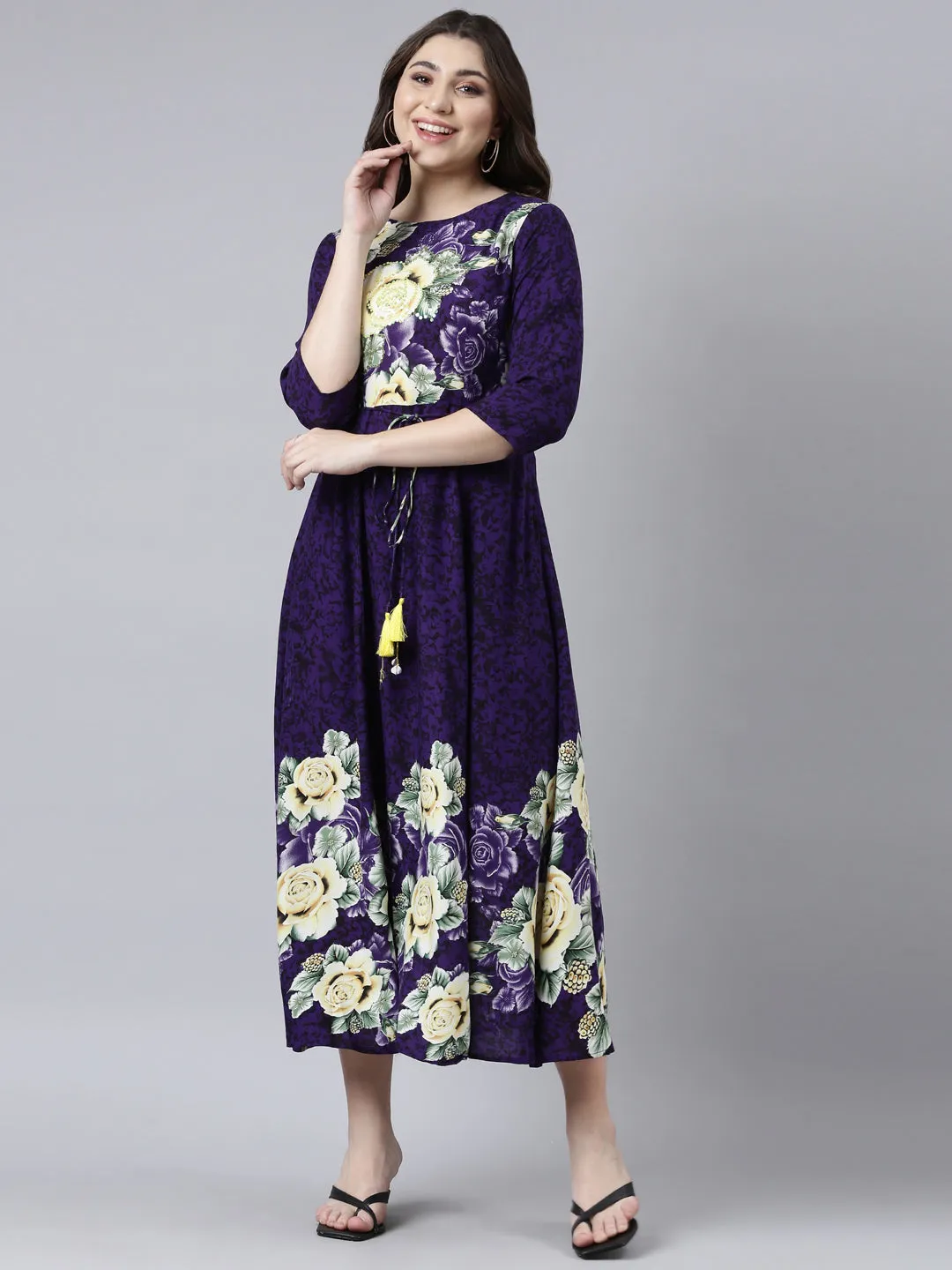 Neerus Purple Straight Casual Floral Maxi Dresses