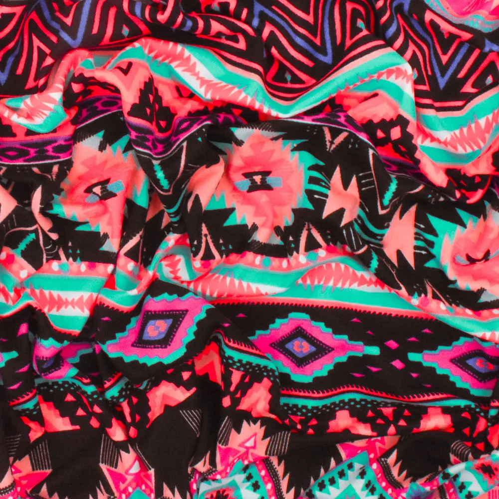 Neon Coral-Black-Multi Aztec Stripe Printed Double Brushed ITY Knit Fabric