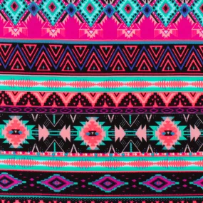 Neon Coral-Black-Multi Aztec Stripe Printed Double Brushed ITY Knit Fabric