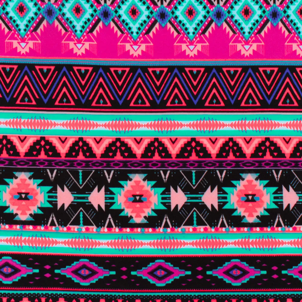 Neon Coral-Black-Multi Aztec Stripe Printed Double Brushed ITY Knit Fabric