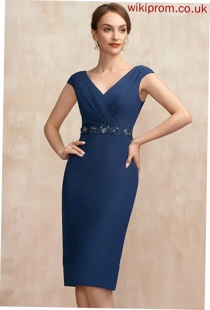 of Sequins Mother of the Bride Dresses With Mayra Beading Bride Sheath/Column V-neck Ruffle Knee-Length Dress the Mother Chiffon