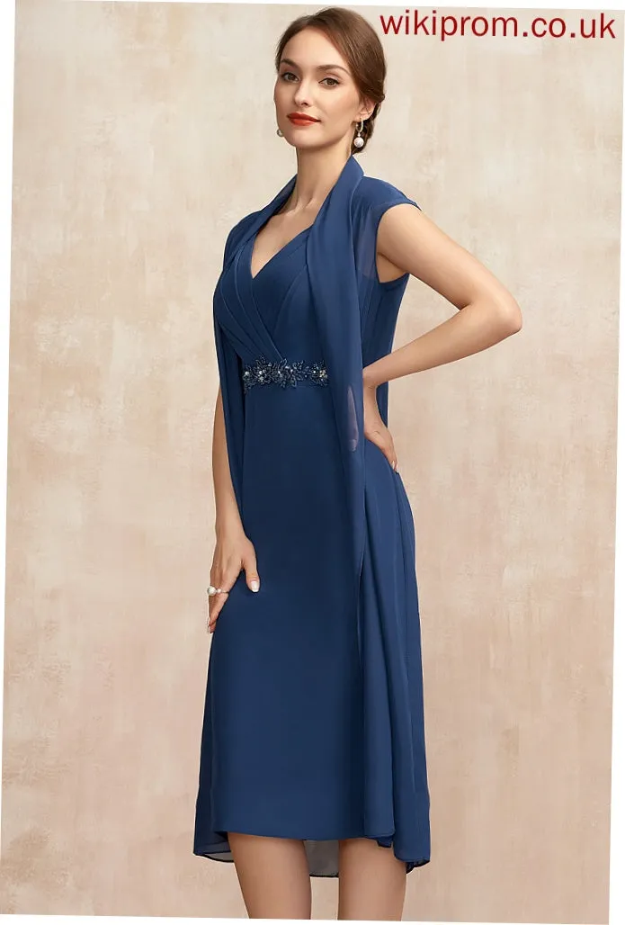 of Sequins Mother of the Bride Dresses With Mayra Beading Bride Sheath/Column V-neck Ruffle Knee-Length Dress the Mother Chiffon