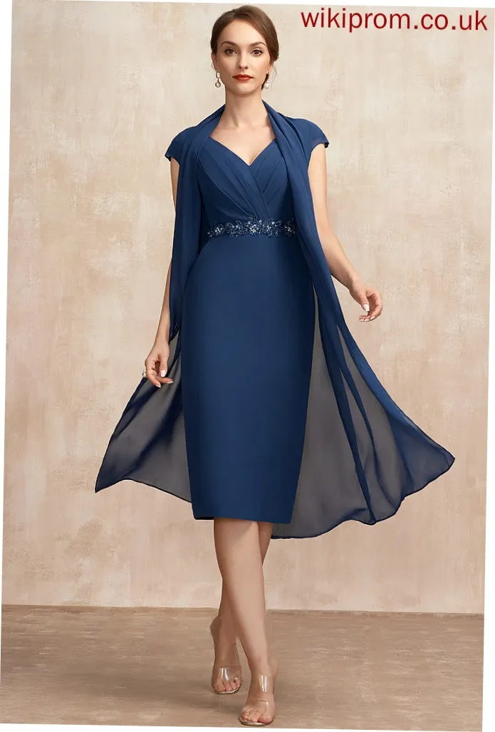 of Sequins Mother of the Bride Dresses With Mayra Beading Bride Sheath/Column V-neck Ruffle Knee-Length Dress the Mother Chiffon