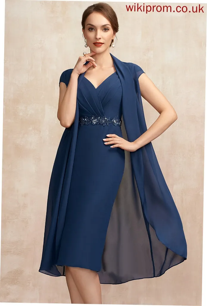 of Sequins Mother of the Bride Dresses With Mayra Beading Bride Sheath/Column V-neck Ruffle Knee-Length Dress the Mother Chiffon