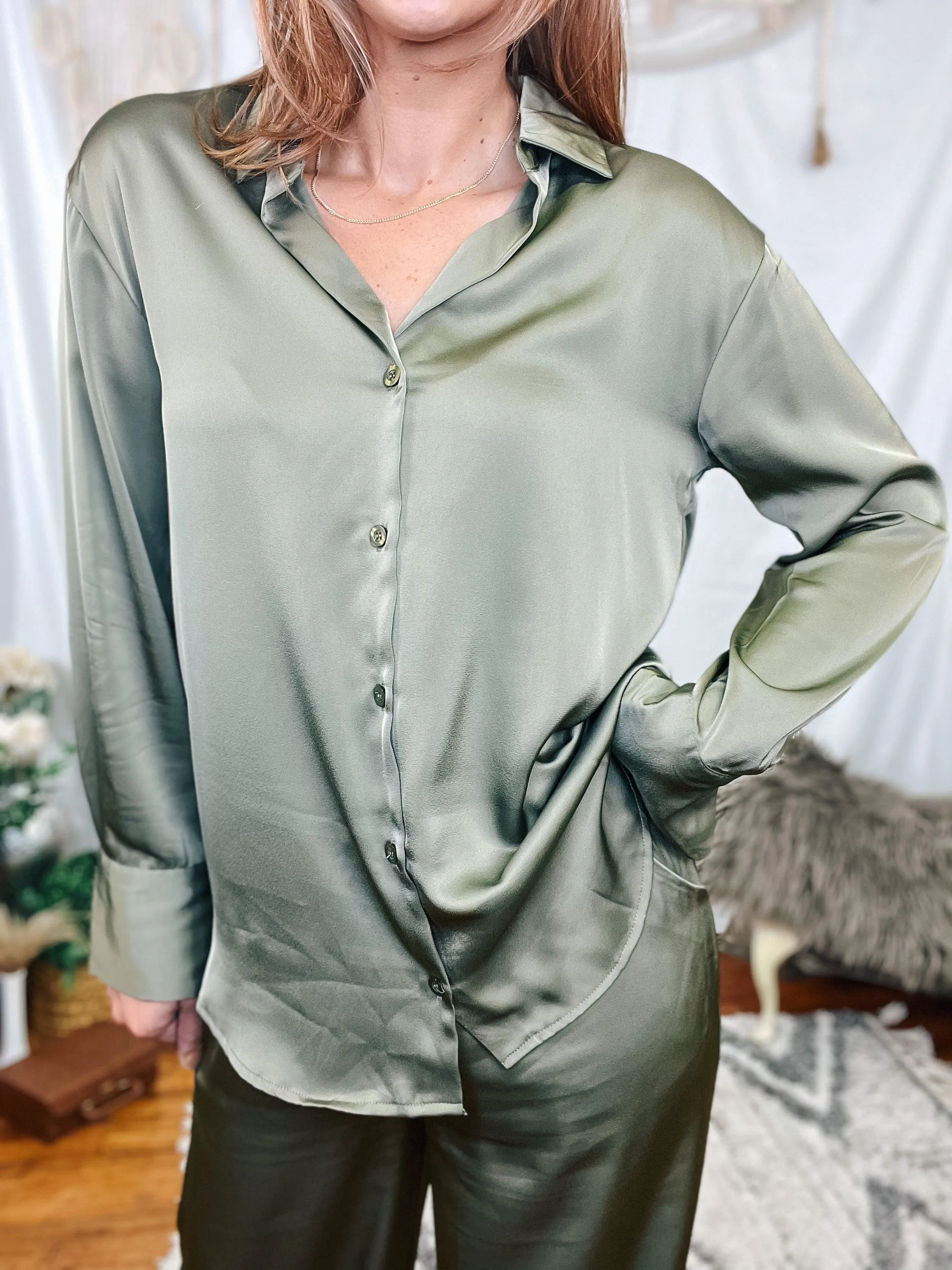 Olive Satin Button Up Top