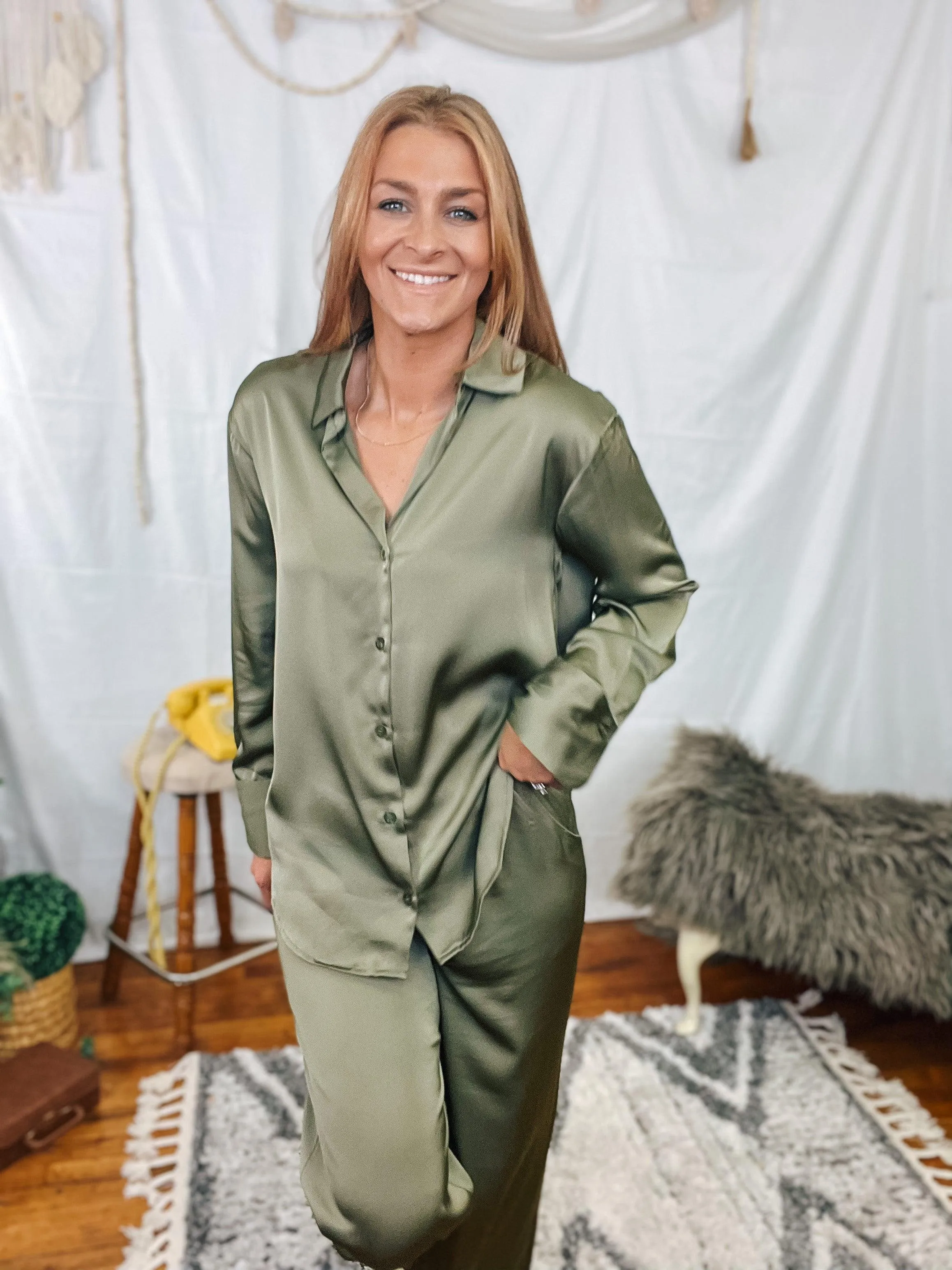 Olive Satin Button Up Top