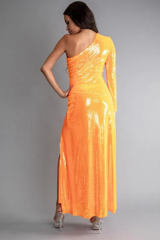 Orange Sequin One Shoulder Side Open Maxi Dress