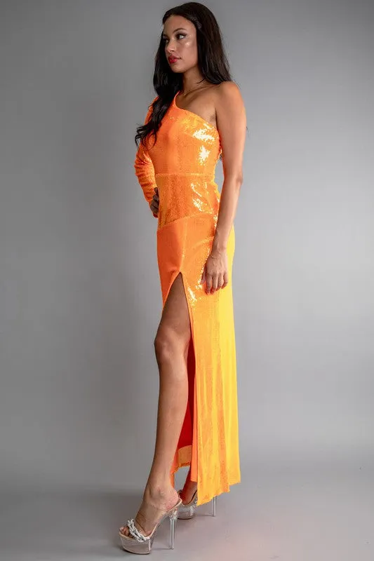 Orange Sequin One Shoulder Side Open Maxi Dress