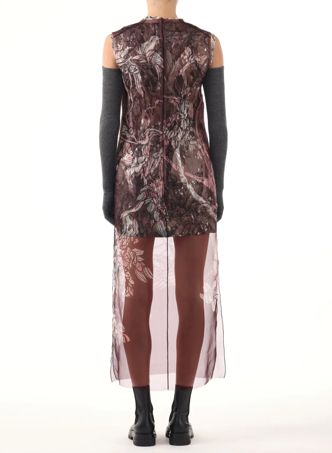 PRINTED ORGANZA SHEATH DRESS W/ CRINKLE FOIL UNDER