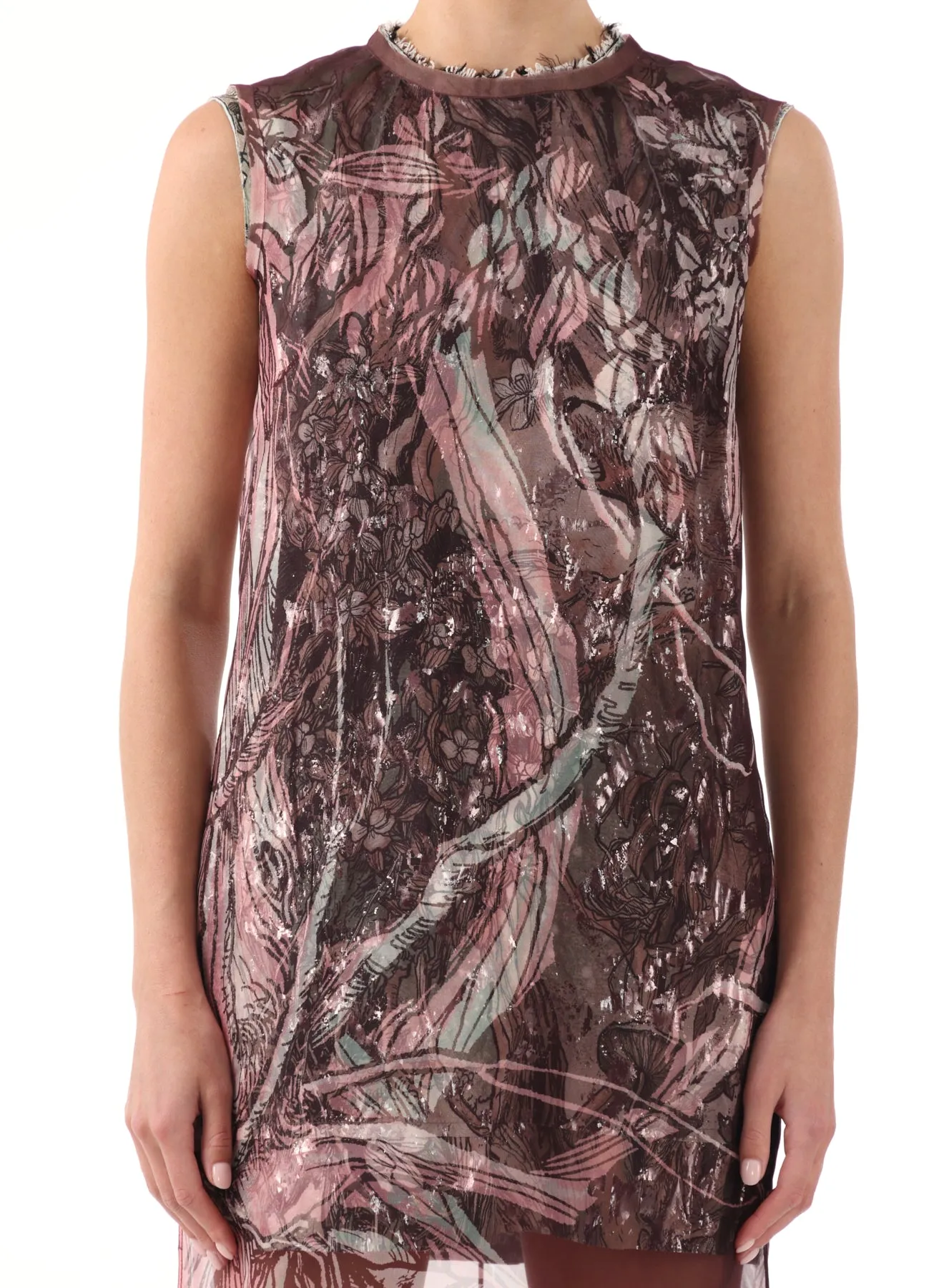 PRINTED ORGANZA SHEATH DRESS W/ CRINKLE FOIL UNDER