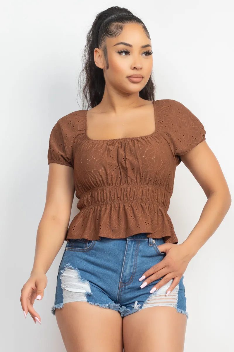 Puff Sleeve Eyelet Peplum Top