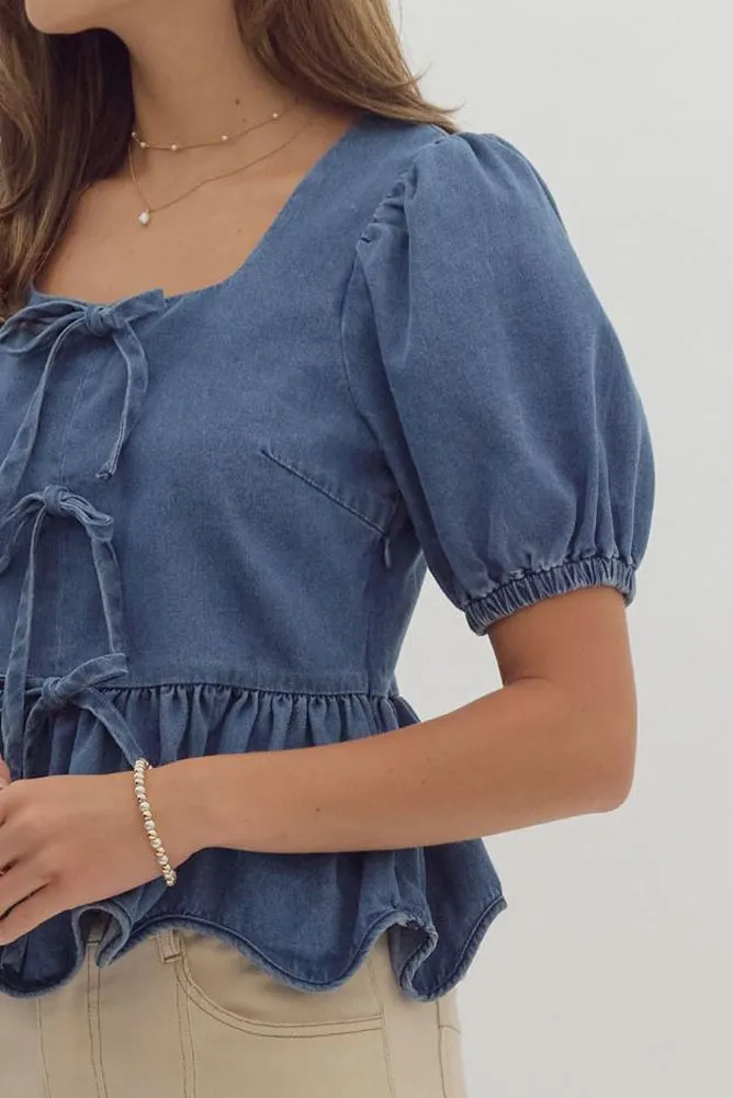 Puff Sleeve Peplum Top in Denim by Entro