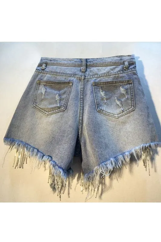 PY217 Rhinestones Fringes Denim Shorts