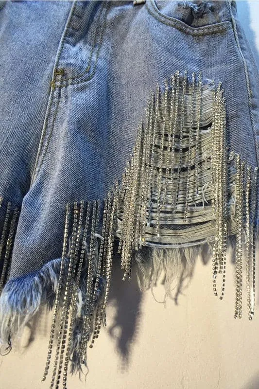 PY217 Rhinestones Fringes Denim Shorts