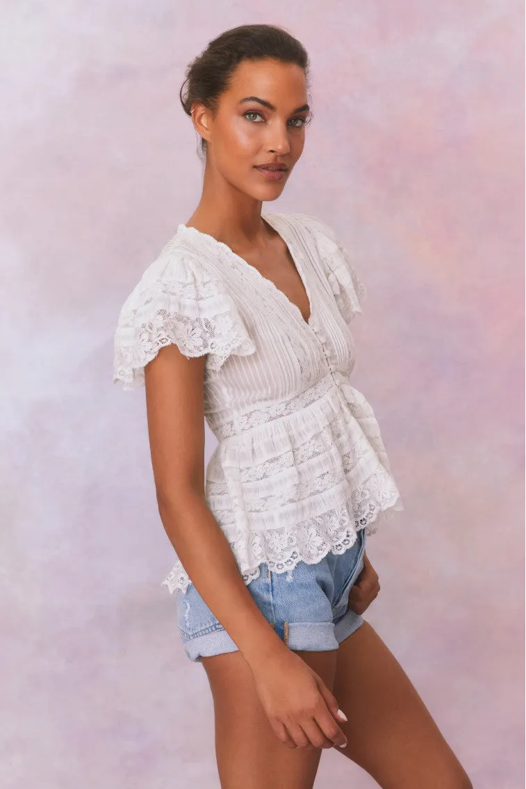 Quinella Cotton Peplum V-Neck Button-Down Blouse