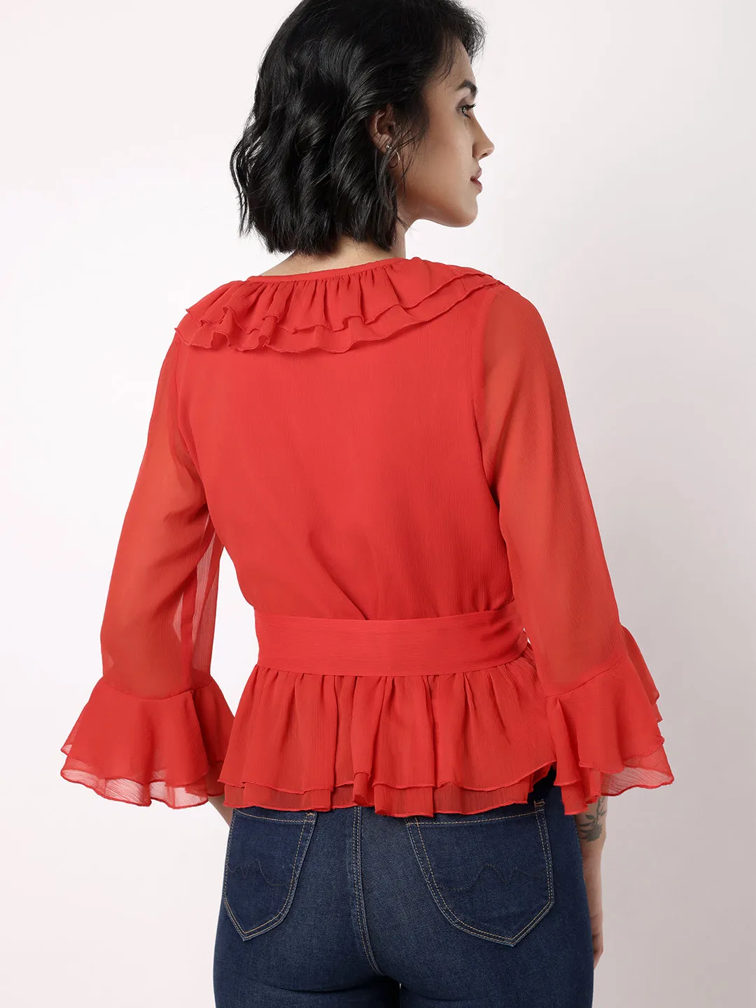 Red Peplum Top With Frill At Neckline