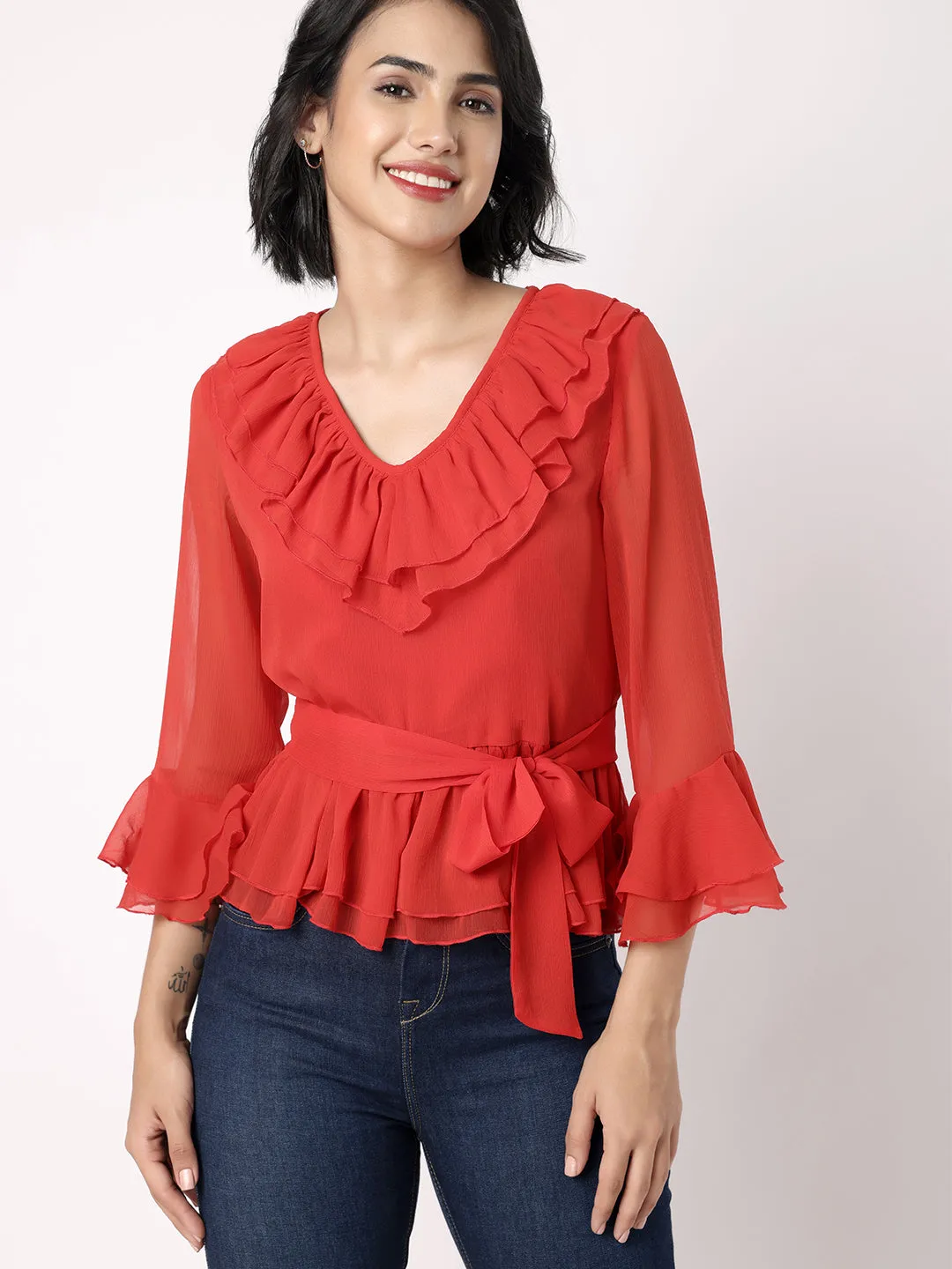 Red Peplum Top With Frill At Neckline