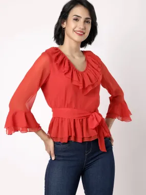 Red Peplum Top With Frill At Neckline