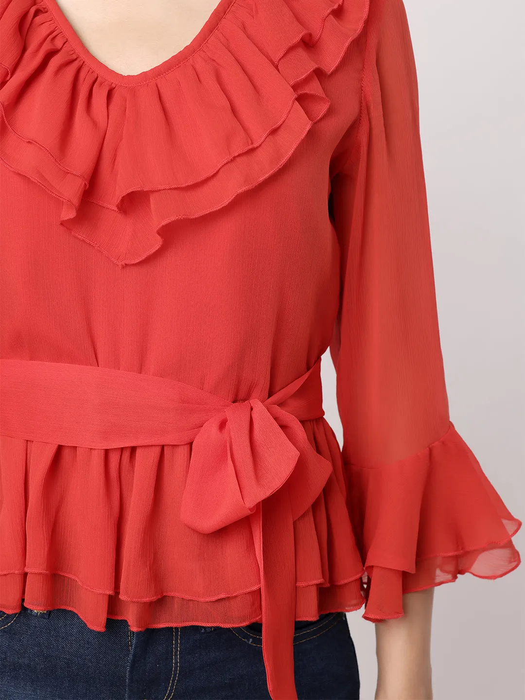 Red Peplum Top With Frill At Neckline