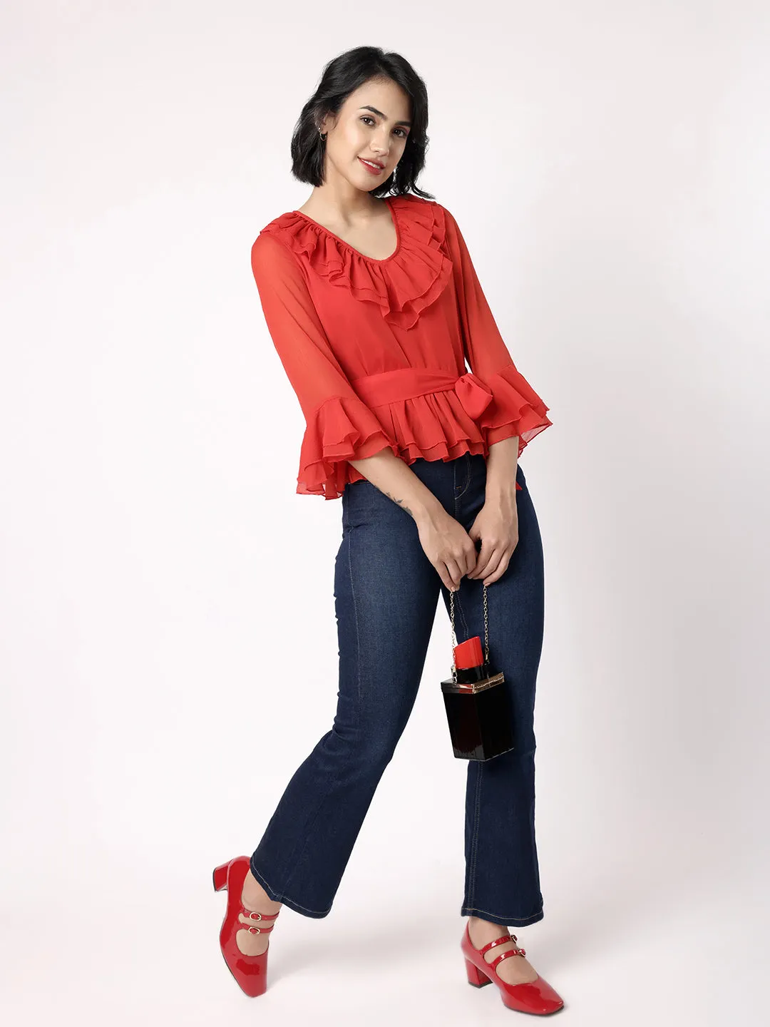 Red Peplum Top With Frill At Neckline