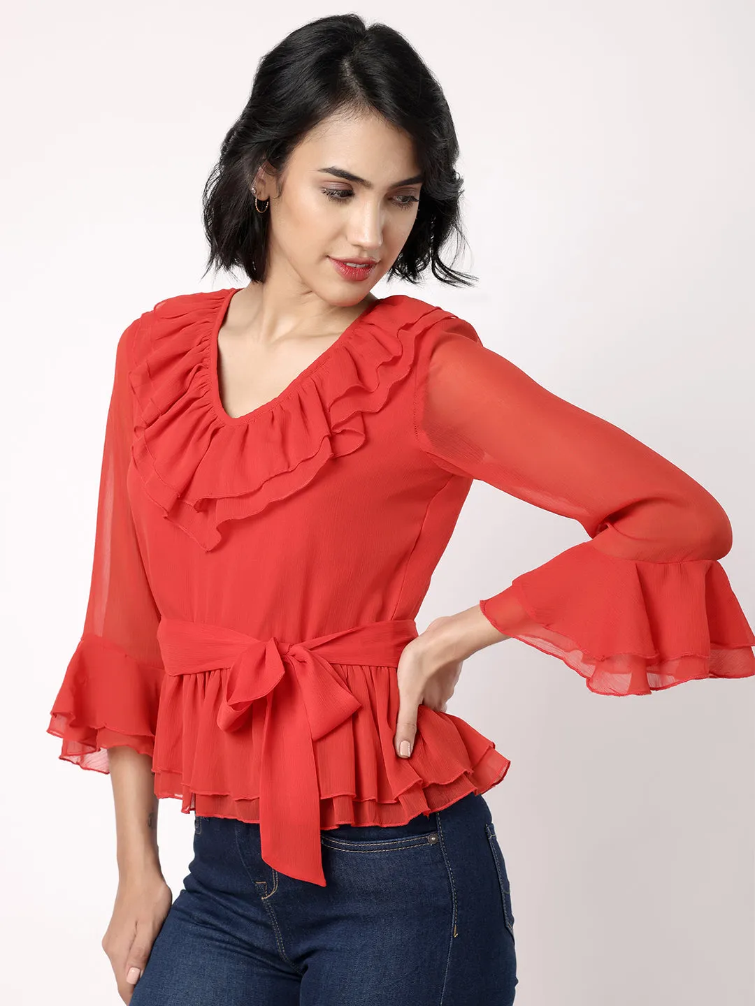 Red Peplum Top With Frill At Neckline