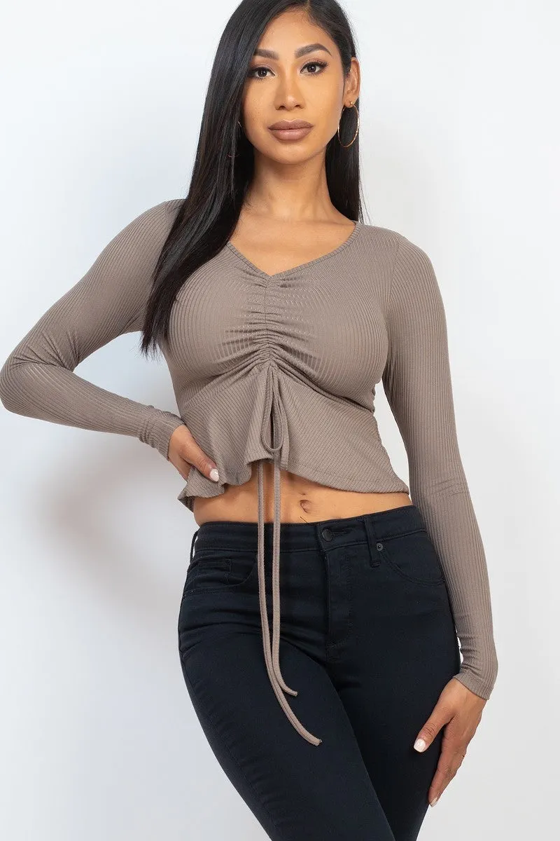 Ribbed Drawstring Long Sleeve Peplum Top