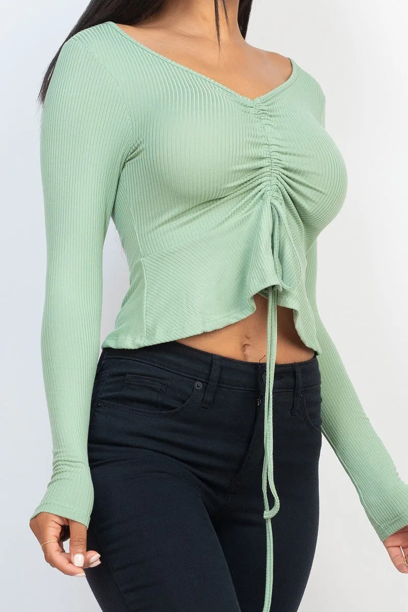 Ribbed Drawstring Long Sleeve Peplum Top