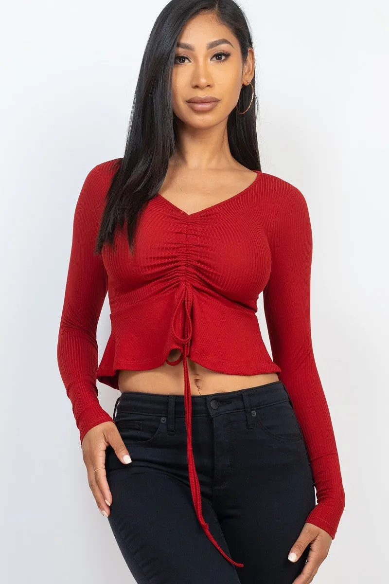 Ribbed Drawstring Long Sleeve Peplum Top