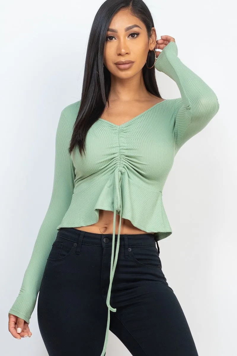 Ribbed Drawstring Long Sleeve Peplum Top