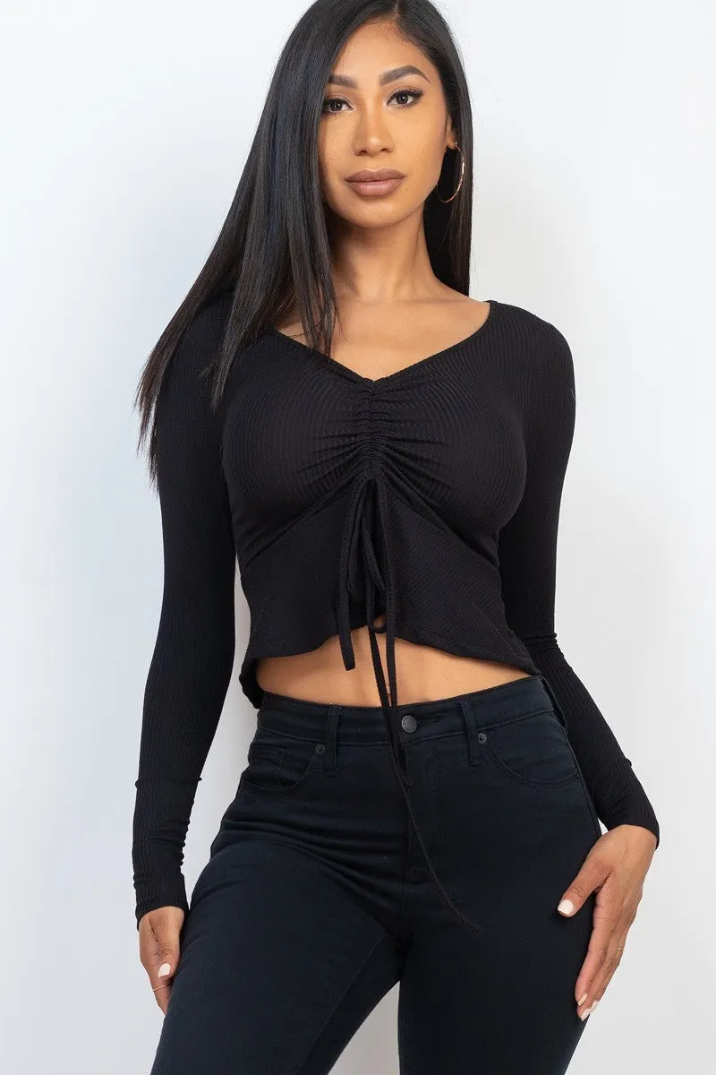 Ribbed Drawstring Long Sleeve Peplum Top