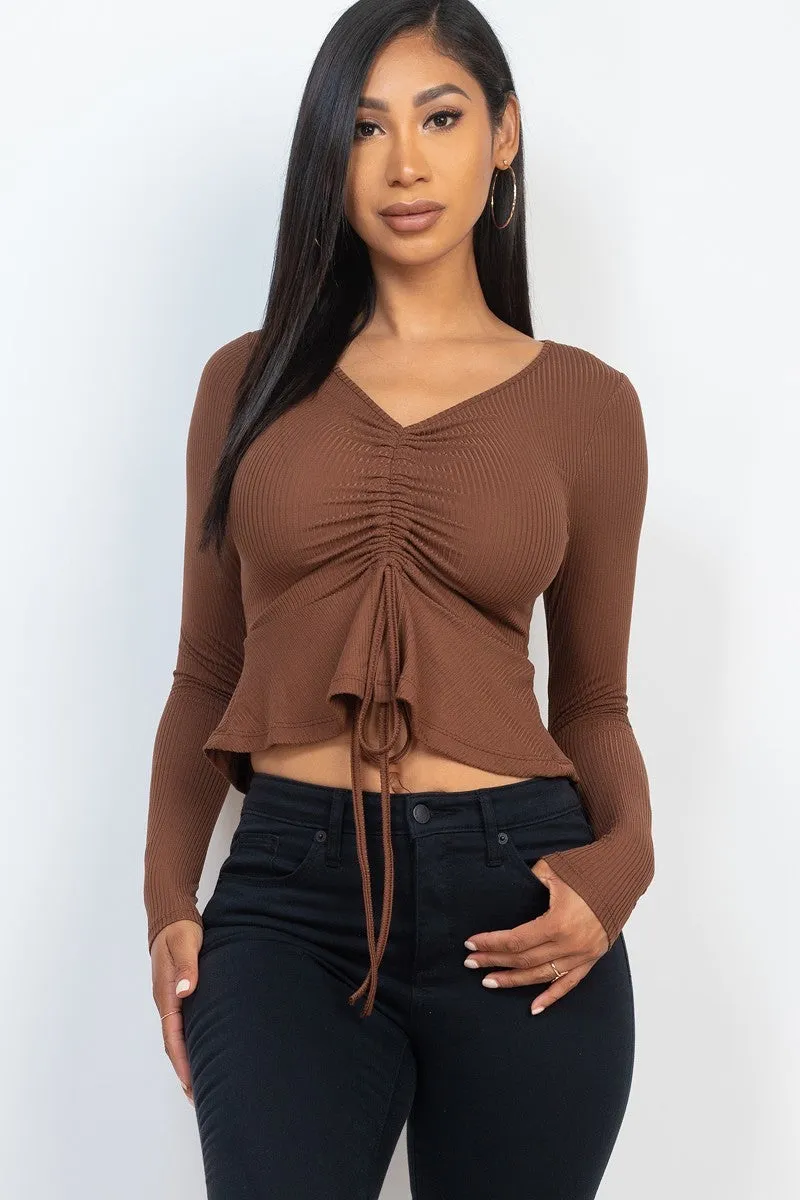 Ribbed Drawstring Long Sleeve Peplum Top