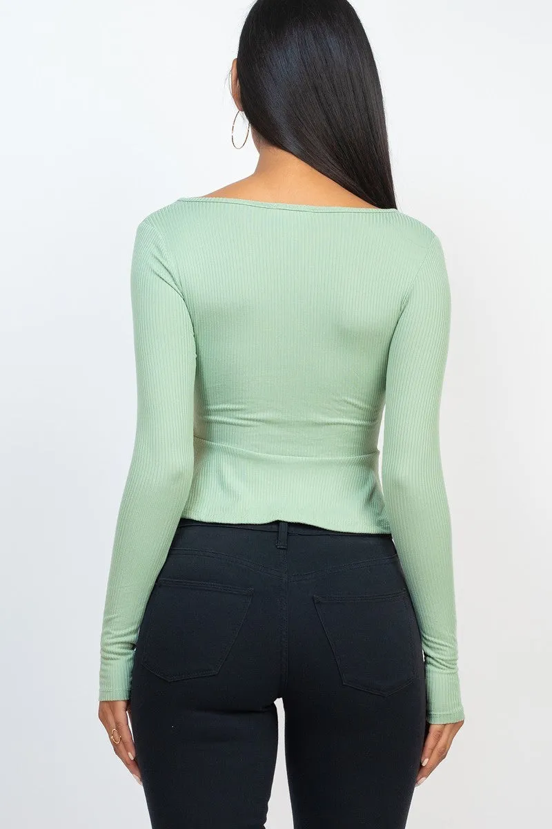 Ribbed Drawstring Long Sleeve Peplum Top