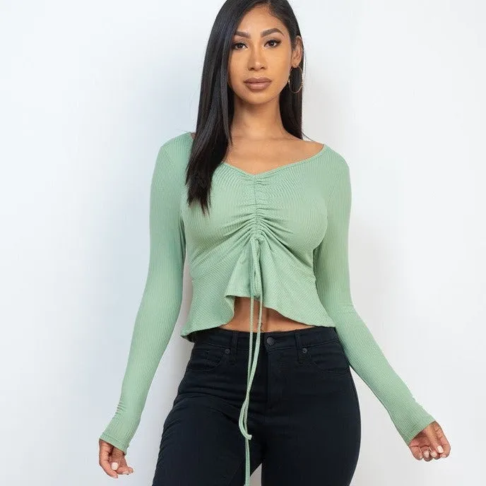 Ribbed Drawstring Long Sleeve Peplum Top