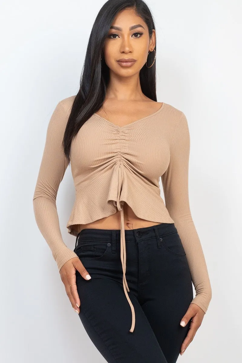 Ribbed Drawstring Long Sleeve Peplum Top