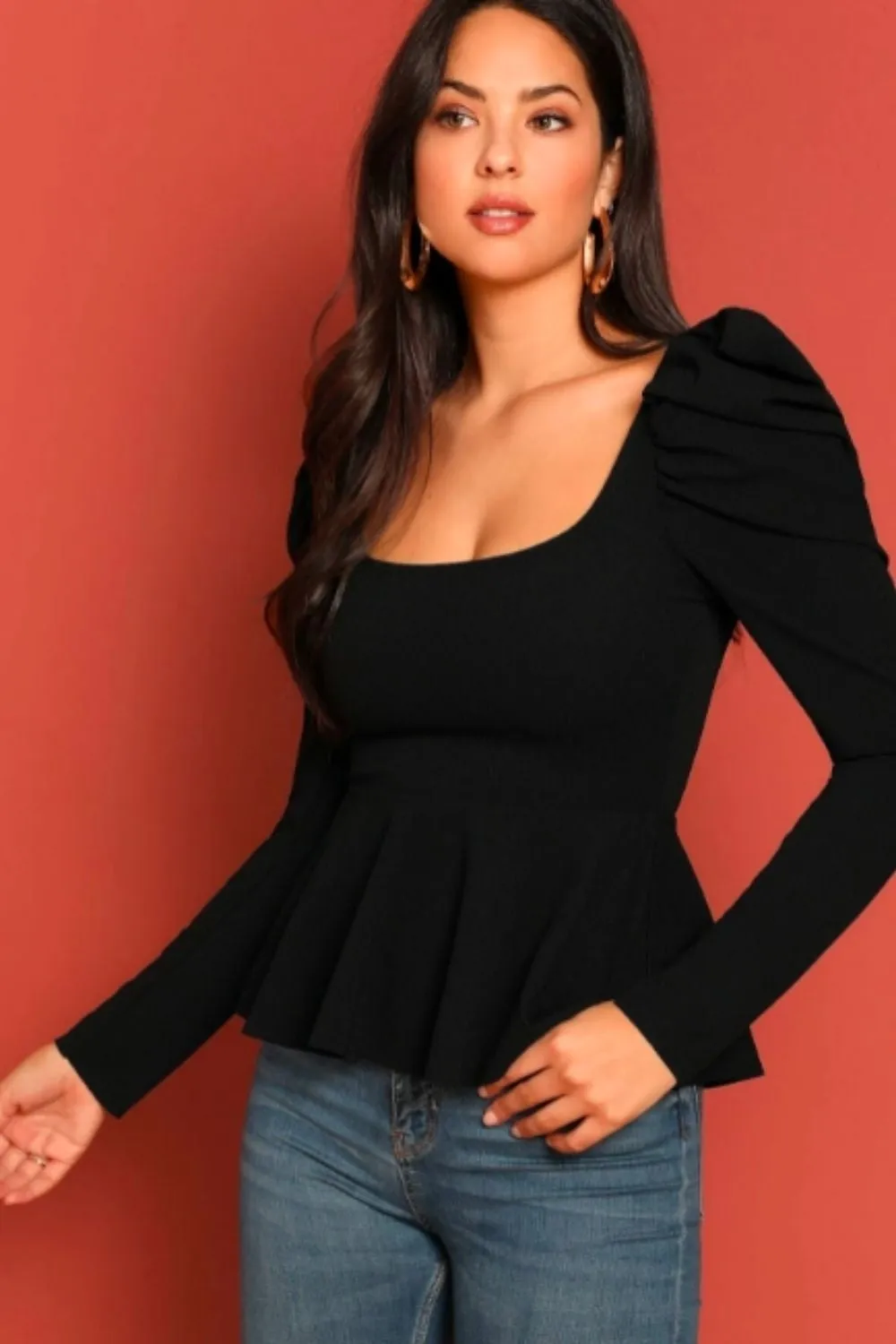 Scoop Neck Puff Sleeve Peplum Top