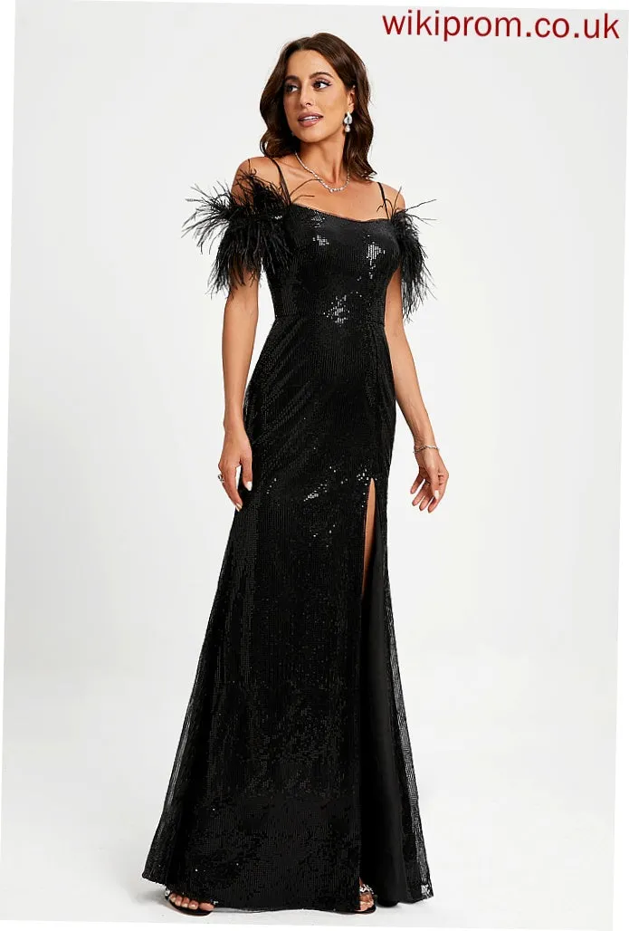 Sequined With Sequins Sheath/Column Floor-Length Neck Holly Feather Scoop Prom Dresses