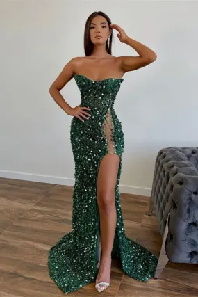 Sequins Sheath Dark Green Evening Dress Long Prom Dress With Slit 2404