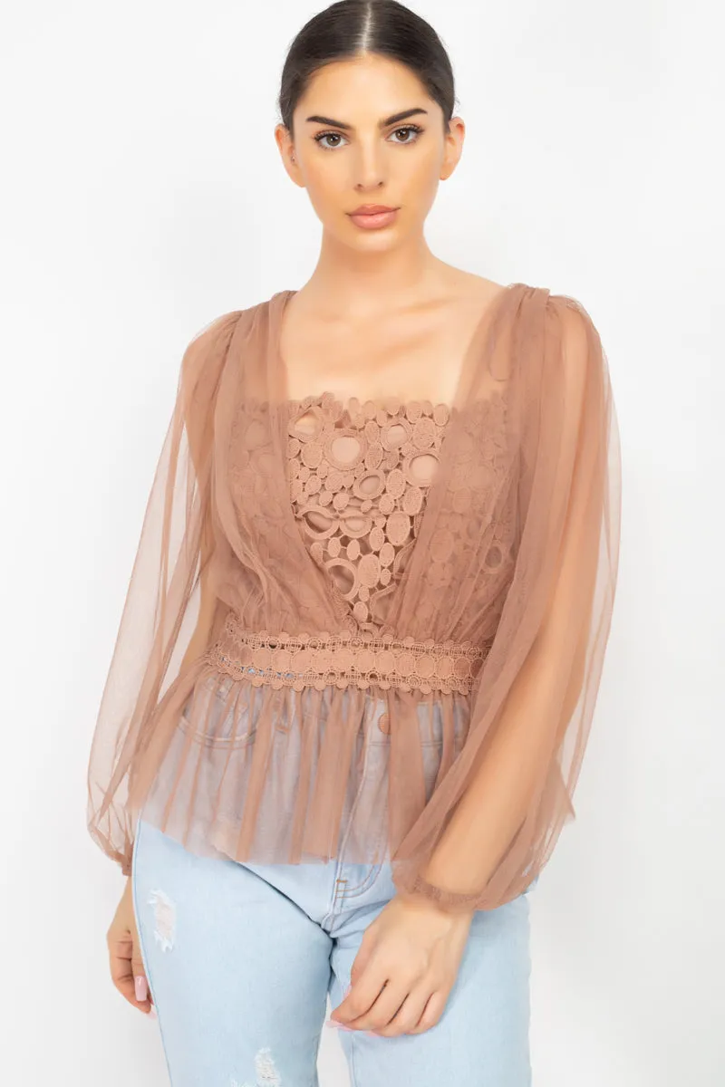 Sheer Mesh Crochet Peplum Top